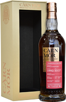 Eine Flasche Whisky steht in einer eleganten Verpackung. Der Whisky hat eine tiefbraune Farbe und ein Etikett mit Informationen. Die Verpackung ist goldfarben mit einer schwarzen Innenseite.