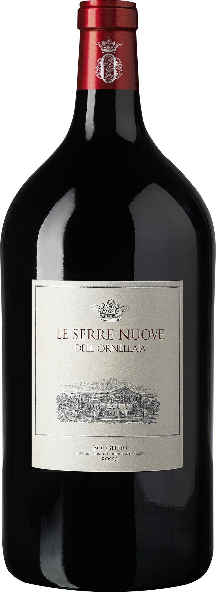 Eine große Flasche Rotwein mit einem roten Korken. Das Etikett zeigt den Namen des Weins sowie weitere Informationen. Der Hintergrund ist neutral.