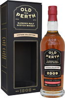 Eine Flasche Old Perth Whisky steht neben einer schwarzen Verpackung. Die Flasche hat einen braunen Inhalt und eine rote Kappe. Auf dem Etikett sind Informationen über den Whisky abgedruckt.