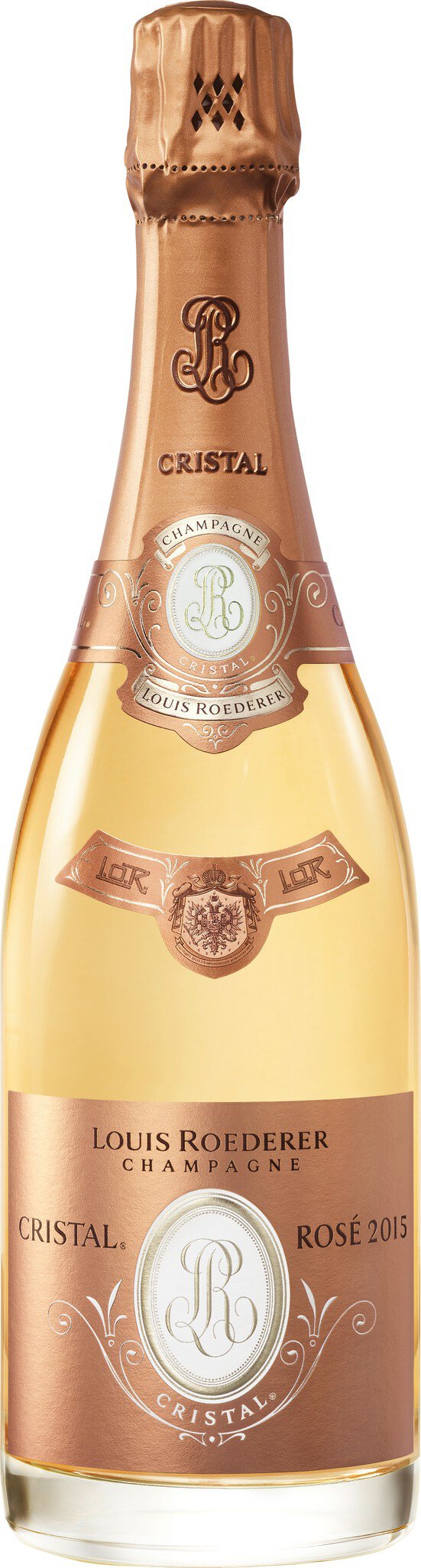 Eine Flasche Sekt mit einem goldenen Etikett und einer Korkenverschlusskappe steht aufrecht. Der Sekt hat eine elegante Form und ist im Vordergrund platziert.