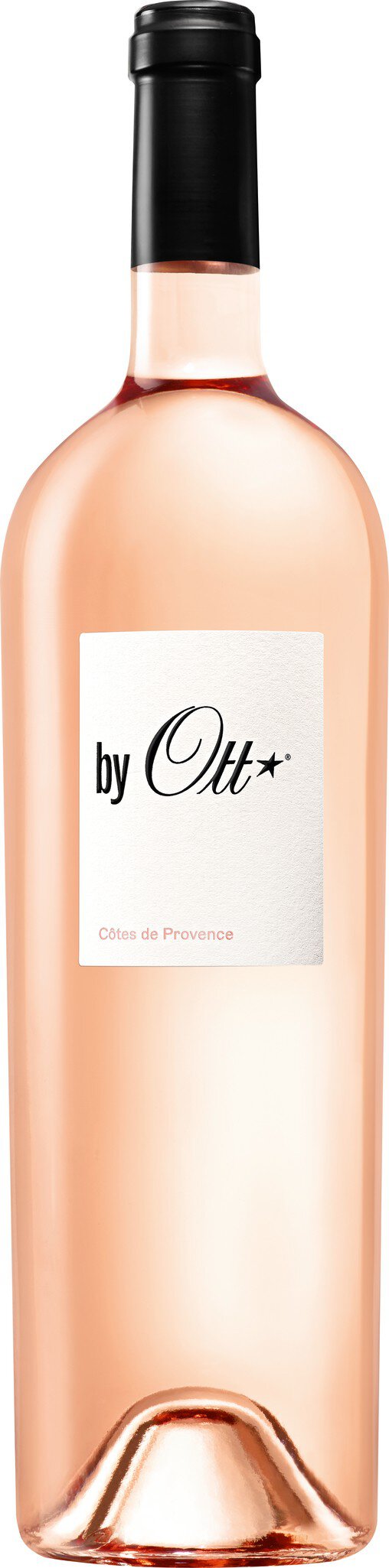 Ein Flasche Roséwein mit einem schlichten, eleganten Design. Der Inhalt ist hellrosa und die Flasche hat einen schwarzen Korken. Der Hintergrund ist einfarbig, was die Flasche hervorhebt.