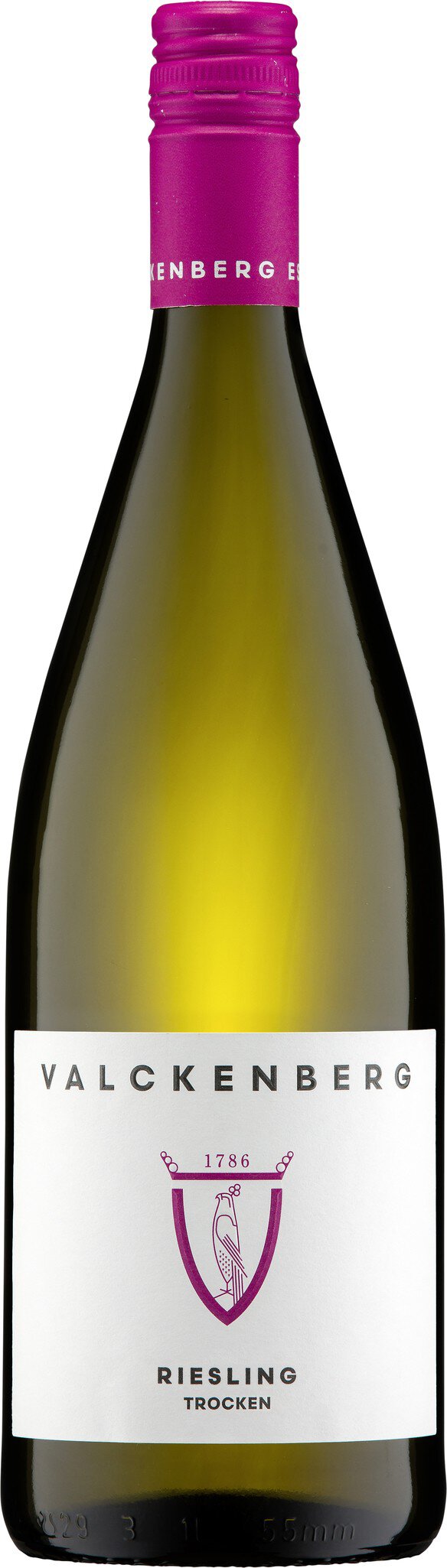 Eine Flasche Wein steht auf einem weißen Hintergrund. Die Flasche hat einen klaren, schlanken Körper mit einem lila Korken und einem Etikett, das Informationen über den Wein enthält.