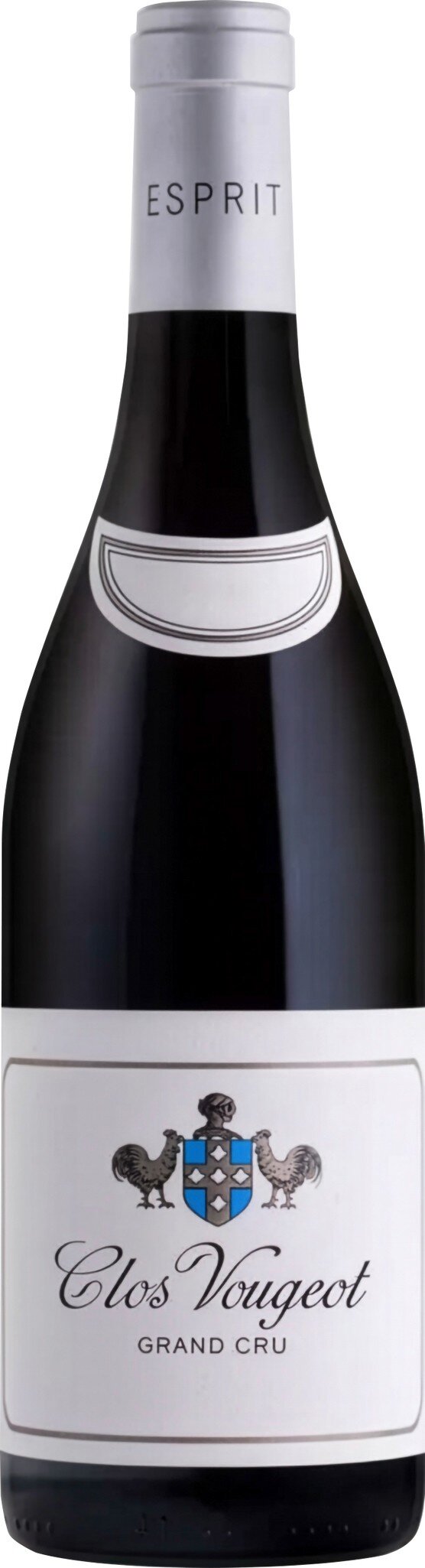Eine Weinflasche steht aufrecht. Der Körper der Flasche ist dunkel, mit einem eleganten Etikett und einem silbernen Kapselverschluss. Der Hintergrund ist unscharf.