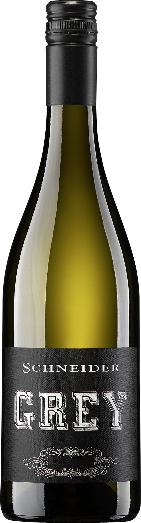 Eine Flasche Wein steht aufrecht, mit einem schwarzen Schraubverschluss. Das Etikett zeigt den Namen -Schneider GREY- in großer, silberner Schrift. Der Hintergrund ist unscharf.