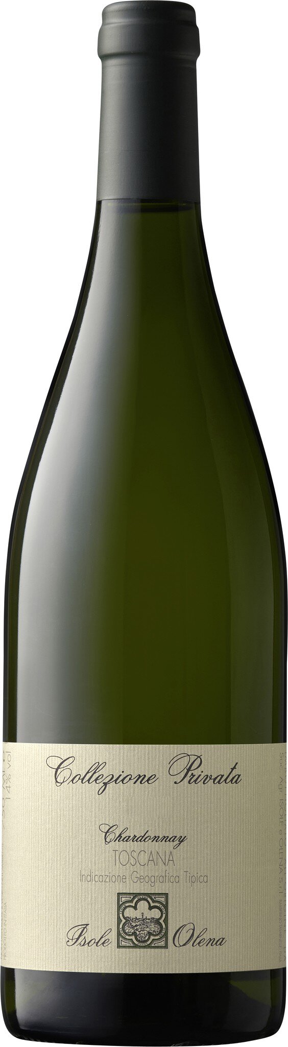 Eine schlanke, grüne Weinflasche steht aufrecht. Der Hals ist schmal und die Flasche hat ein etikettiertes Design. Sie befindet sich auf einem neutralen Hintergrund.