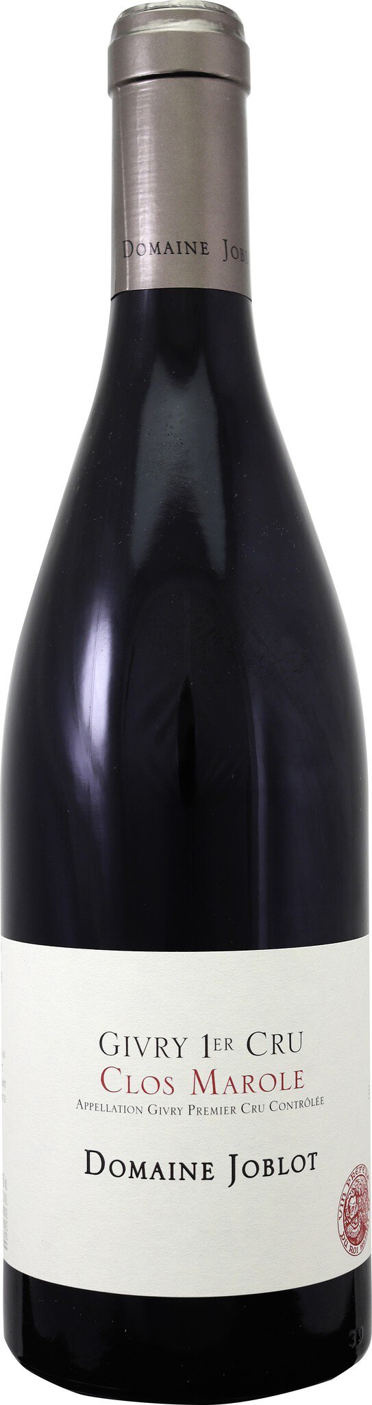 Eine Weinflasche mit einem eleganten, dunklen Etikett. Darauf steht -Givry 1er Cru Clos Marole- und -Domaine Joblot-. Der Flaschenhals ist aus Metall mit einer Silberoberfläche.
