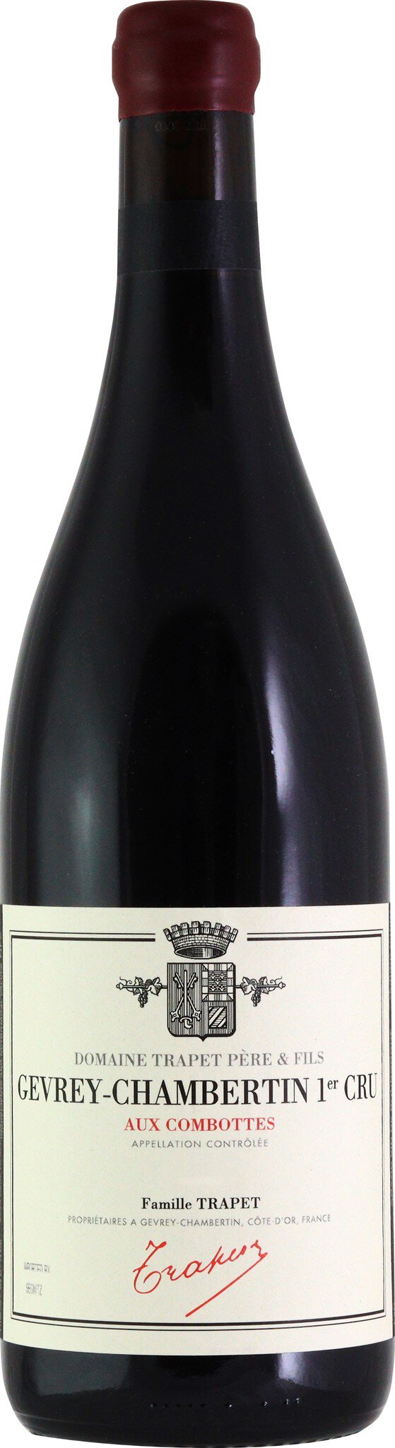 Eine Weinflasche mit einem langen, schmalen schwarzen Körper und einem roten Korken. Das Etikett ist hell mit schwarzer Schrift, die Informationen über den Wein enthält.