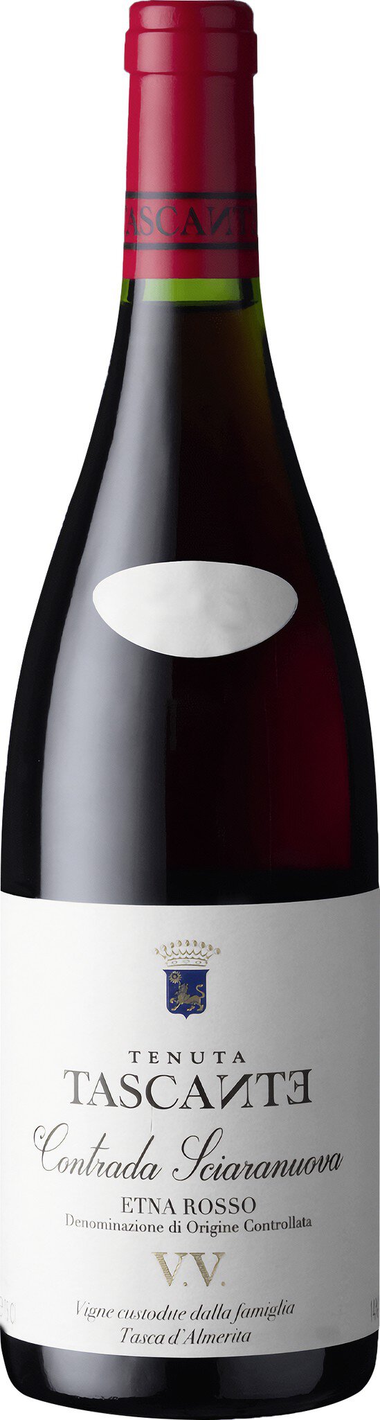 Eine Flasche Rotwein mit einem dunkelroten Etikett. Sie steht auf einem neutralen Hintergrund und zeigt die elegante Form des Weinkorks, umgeben von minimalen Reflexionen des Glases.
