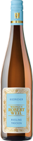 Eine schlanke Flasche Weißwein mit einem blauen Etikett. Die Flasche ist aufrecht stehend, umgeben von einem neutralen Hintergrund. Das Etikett zeigt verschiedene dekorative Elemente und Text.