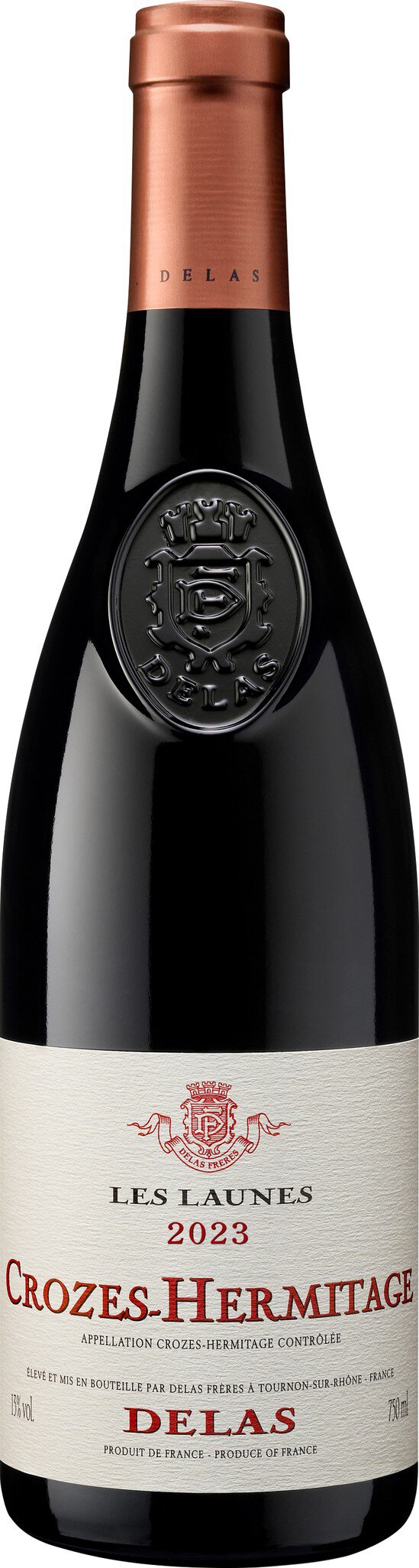 Eine Weinflasche mit einem schlanken, schwarzen Körper und einem rosafarbenen Korken. Das Etikett zeigt den Namen des Weins und enthält eine Auszeichnung. Das Design wirkt elegant und ansprechend.