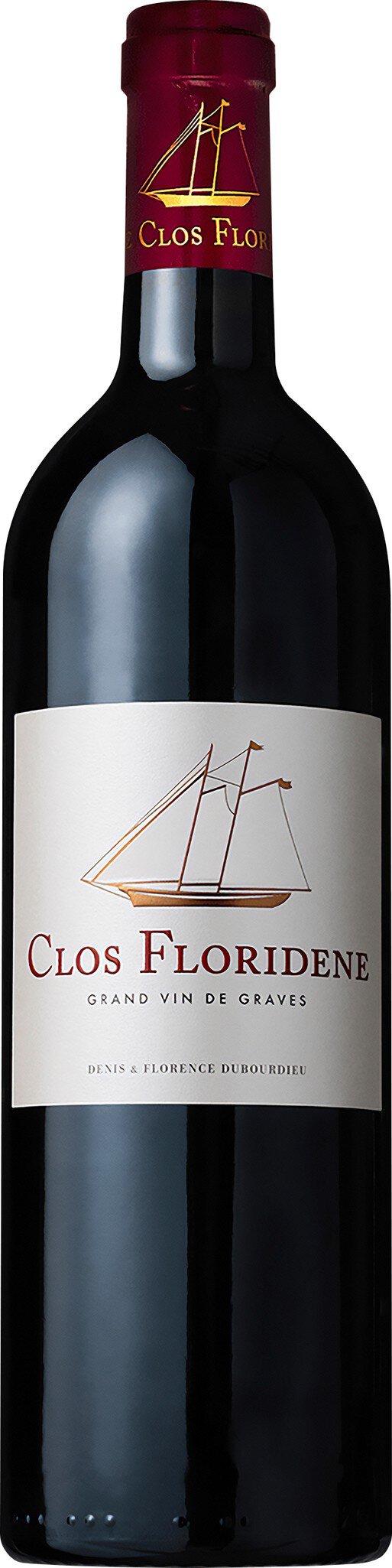 Eine rote Weinflasche mit einem langen, schmalen Körper. Der Korken ist rot und die Etikette zeigt den Namen des Weins in eleganter Schrift, umgeben von einem schlichten Design.