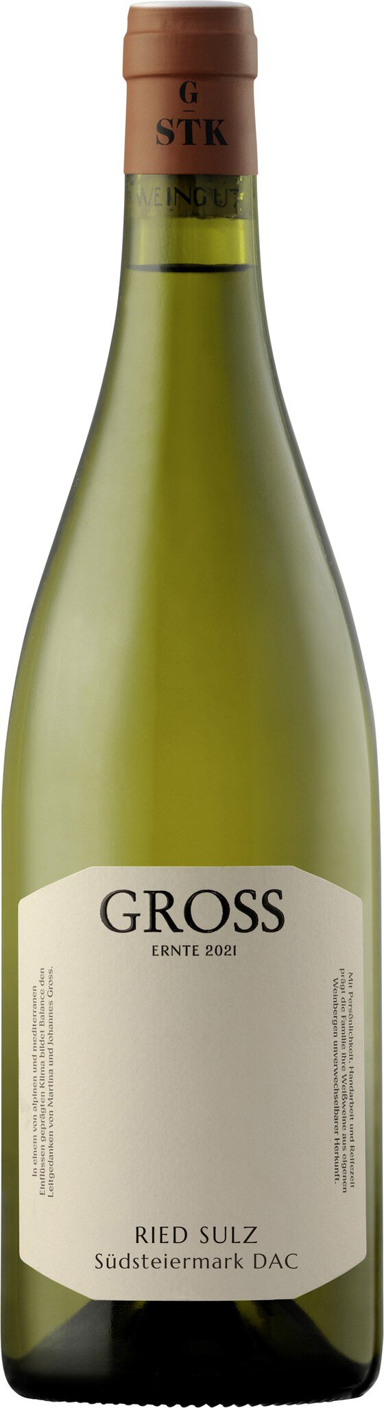 Eine grüne Weinflasche mit einem hellen Etikett, auf dem der Name -Grosjean- zu sehen ist. Die Flasche hat einen Korkenverschluss und steht auf einem neutralen Hintergrund.