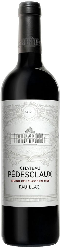 Eine Weinflasche mit einem eleganten, weißen Etikett. Der Schriftzug -Château Pédesclaux- und -Pauillac- sind prominent dargestellt, mit einer Abbildung des Weinguts. Das Jahr 2025 ist ebenfalls an der Flasche vermerkt.