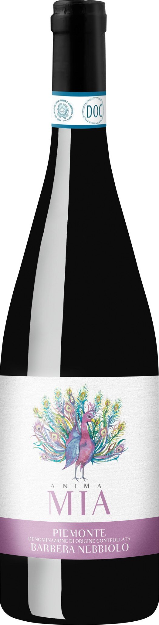 Eine Flasche Rotwein steht aufrecht. Sie hat einen schwarzen Lackkörper und einen hellblauen Kapselverschluss. Das Etikett zeigt einen bunten, blumigen Druck mit Schriftzug.