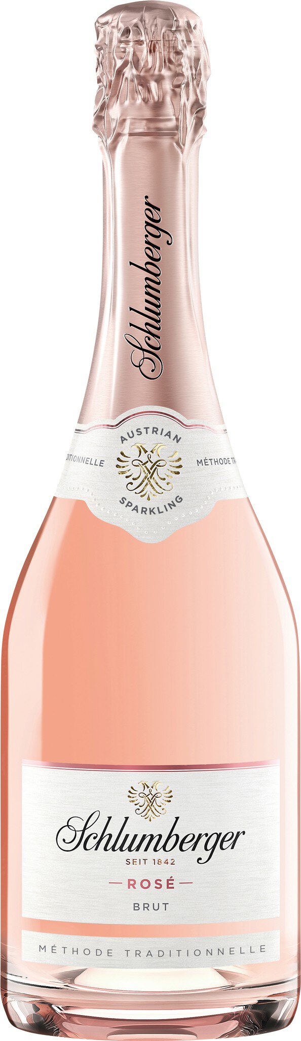 Eine rosafarbene Sektflasche steht aufrecht. Sie hat eine spiralförmige Folie und ein Etikett mit der Aufschrift -Schlumberger- sowie den Bezeichnungen -Rosé- und -Brut-.