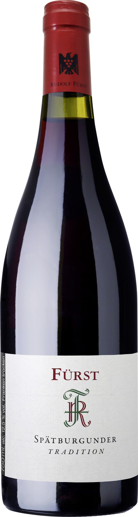 Eine Flasche Rotwein steht aufrecht. Der Korpus ist dunkel, das Etikett ist hell mit schwarzer Schrift. Der Korken hat eine rote Kappe. Es gibt keine weiteren Informationen im Hintergrund.