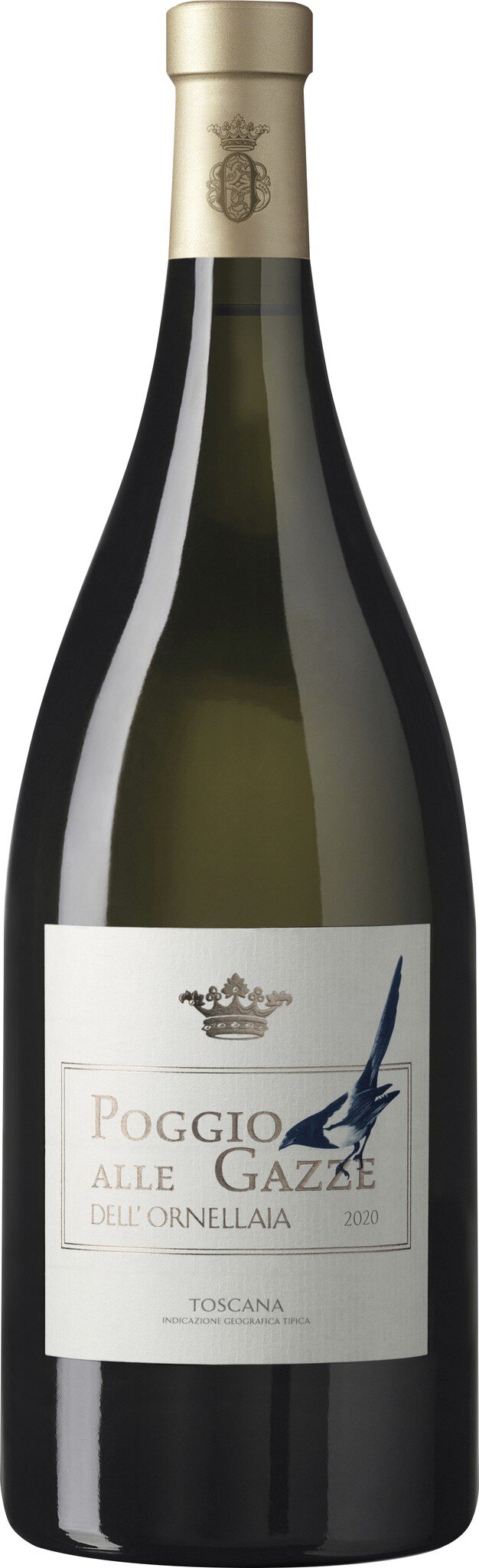 Eine Flasche Weißwein steht aufrecht. Der Wein hat eine helle gelbliche Farbe und der Flaschenhals ist mit einem goldenen Korken verschlossen. Das Etikett zeigt eine grafische Darstellung und Beschreibung des Weins.