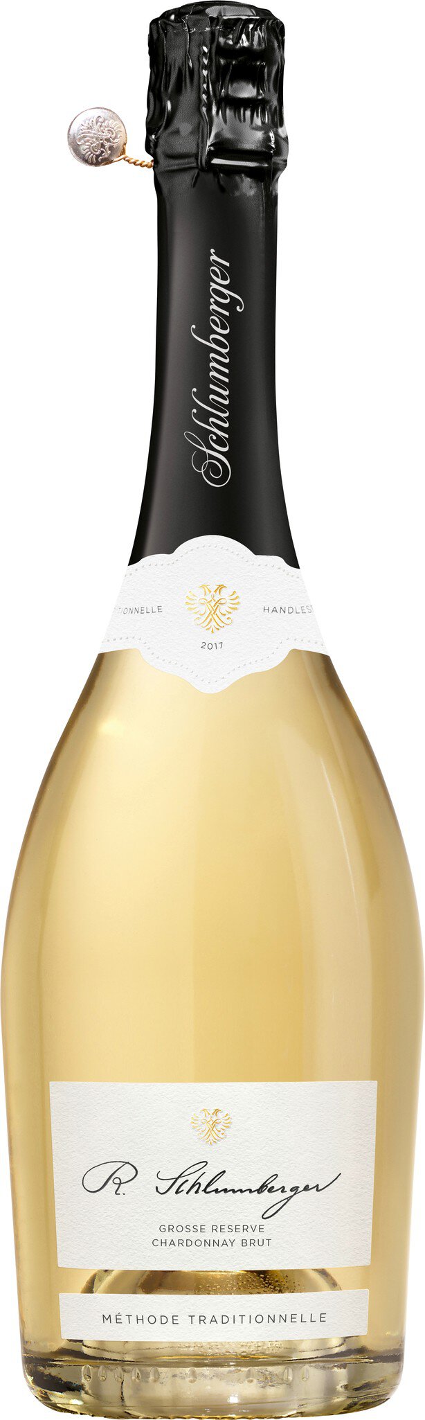 Eine Flasche Sekt mit einem eleganten, goldenen Inhalt. Die Flasche ist schwarz mit einer weißen Etikette, die den Namen und Details des Sektes zeigt.