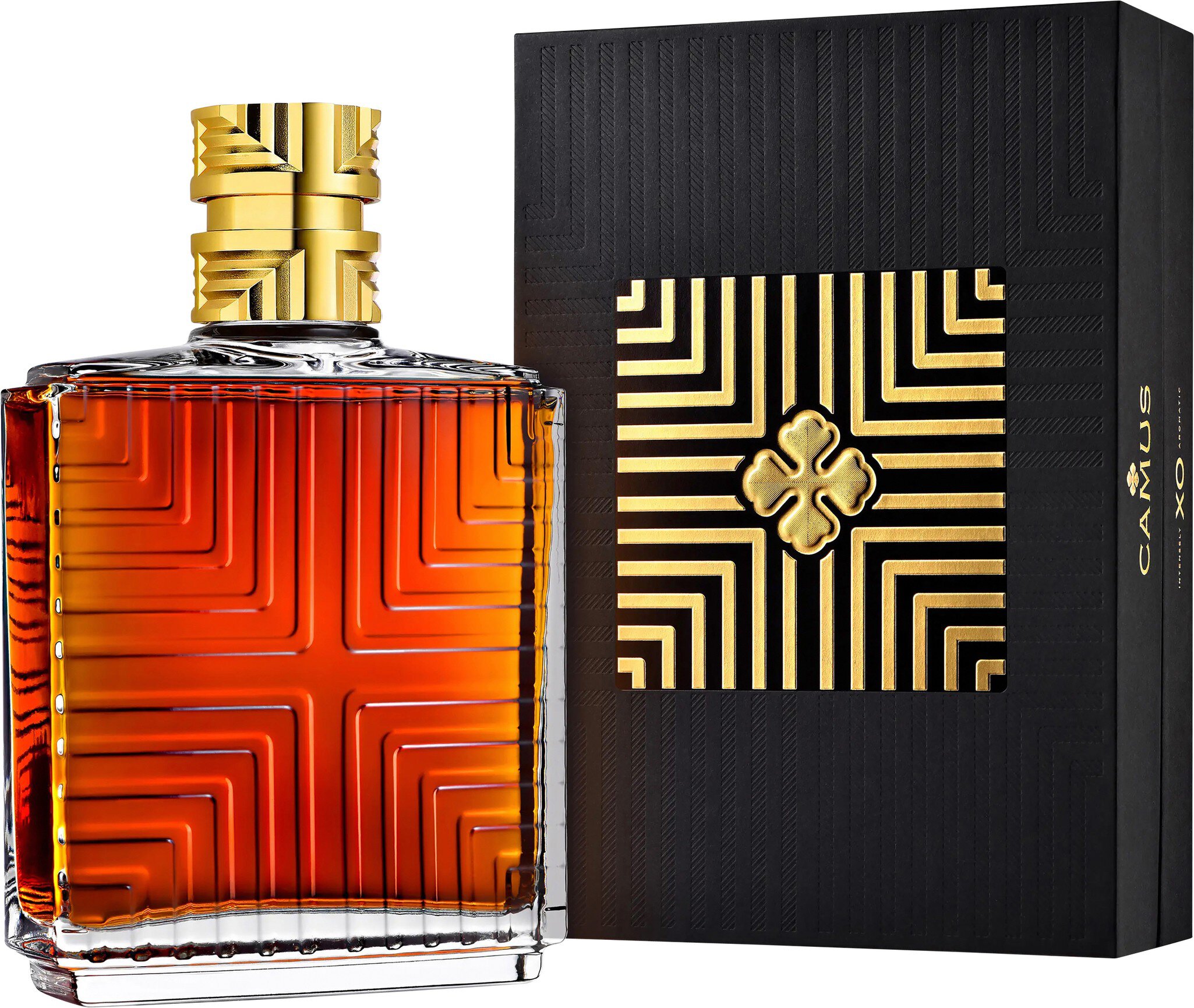 Ein eleganter Flaschenbehälter aus Glas mit goldenen Akzenten. Die Flasche enthält eine tief amberfarbene Flüssigkeit und steht neben einer dekorativen, schwarz-goldenen Verpackung.