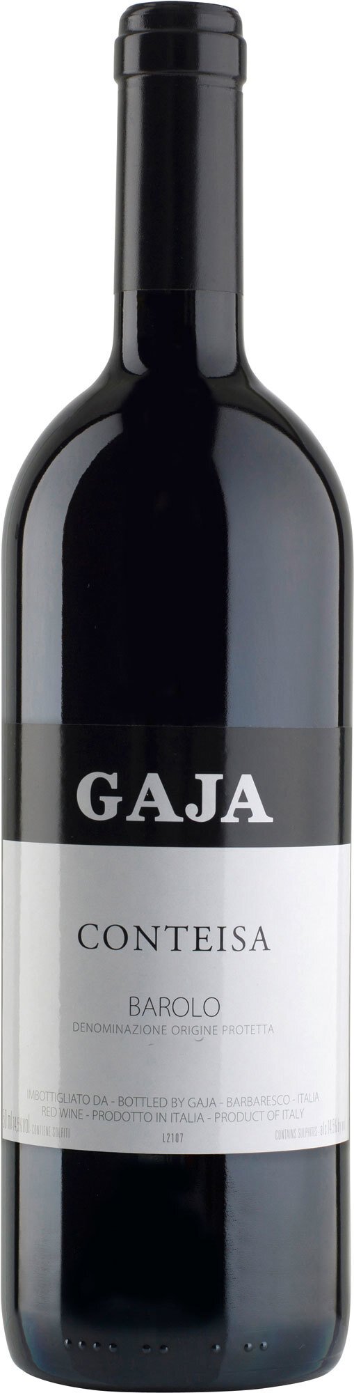 Eine elegante Weinflasche mit schwarzem Etikett und grauem Schriftzug steht aufrecht. Der Hintergrund bleibt neutral, um den Fokus auf das Design der Flasche zu lenken.