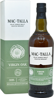Eine Flasche Mac-Talla Islay Single Malt Scotch Whisky steht neben einer passenden Verpackung. Der Whisky ist mit -Virgin Oak- gekennzeichnet, und die Flasche hat ein elegantes Design.