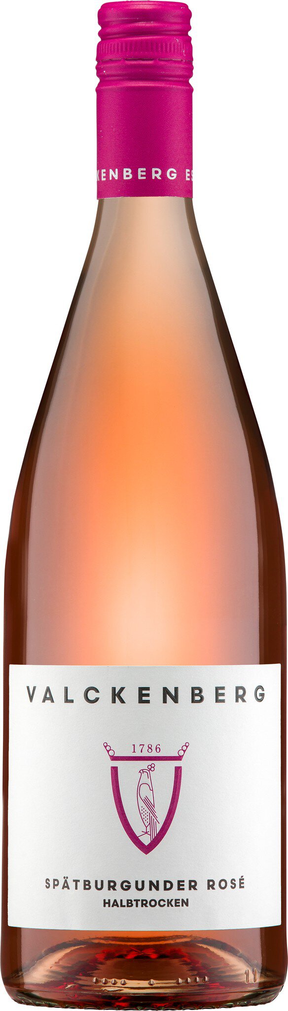 Ein hochwertiger Roséwein in einer eleganten Flasche mit einer pinkfarbenen Kappe. Der Wein ist klar und hat eine ansprechende rosa Farbe, ideal für gehobene Anlässe.