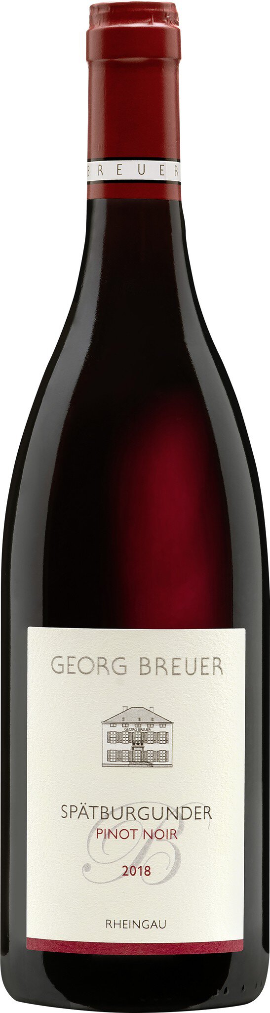 Eine Flasche Rotwein mit einem eleganten Etikett. Der Wein hat eine tiefrote Farbe und die Flasche ist schlank mit einem Korkenverschluss.