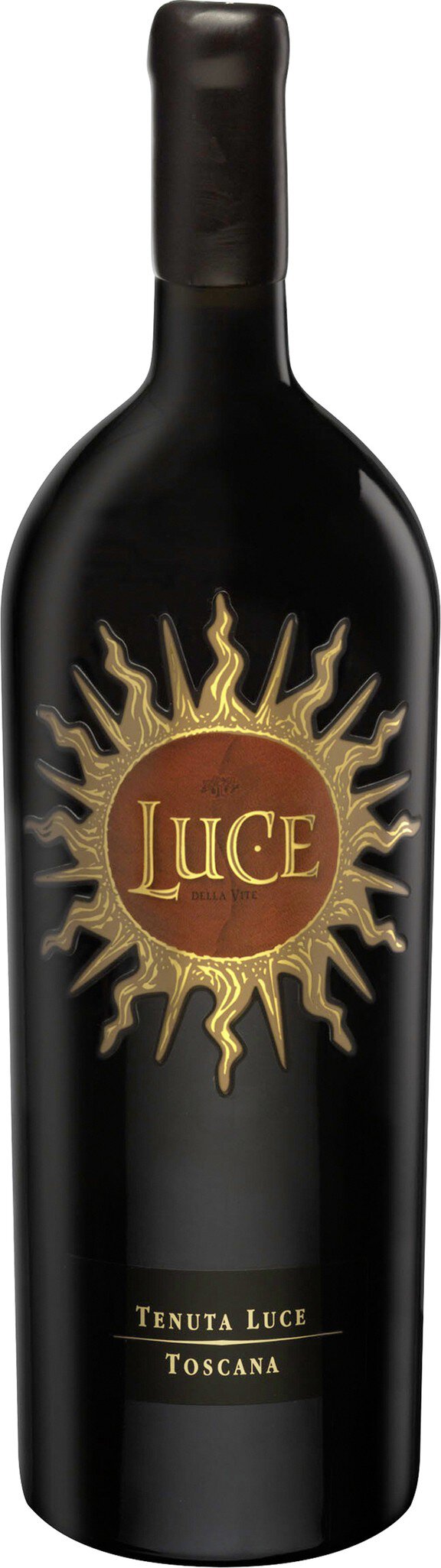Eine große, schwarze Weinflasche mit einem goldenen Sonnensymbol in der Mitte. Der Flaschenhals ist lang, und das Etikett enthält den Schriftzug -UFO-.