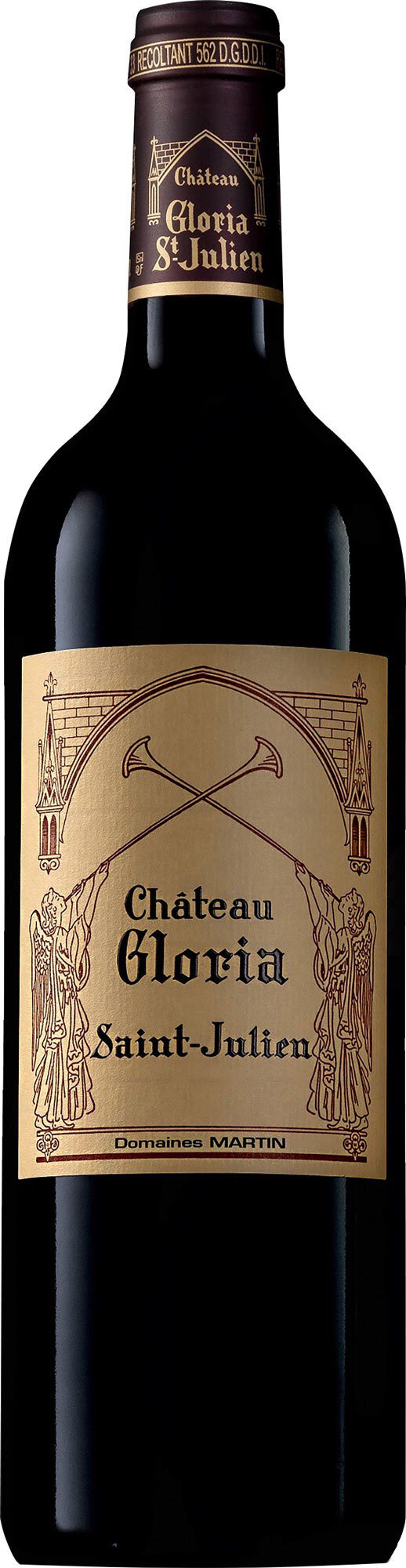 Eine Flasche Rotwein mit einem hellbraunen Etikett, auf dem der Name und weitere Informationen zum Wein sichtbar sind. Der Flaschenhals ist mit einer dunklen Kapsel versehen.