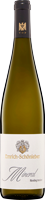 Eine Weinflasche mit grünlicher Flüssigkeit, beschriftet mit -Emrich-Schönleber Mineral Riesling trocken-. Das Etikett zeigt ein Wappen und den Schriftzug in elegantem Design.