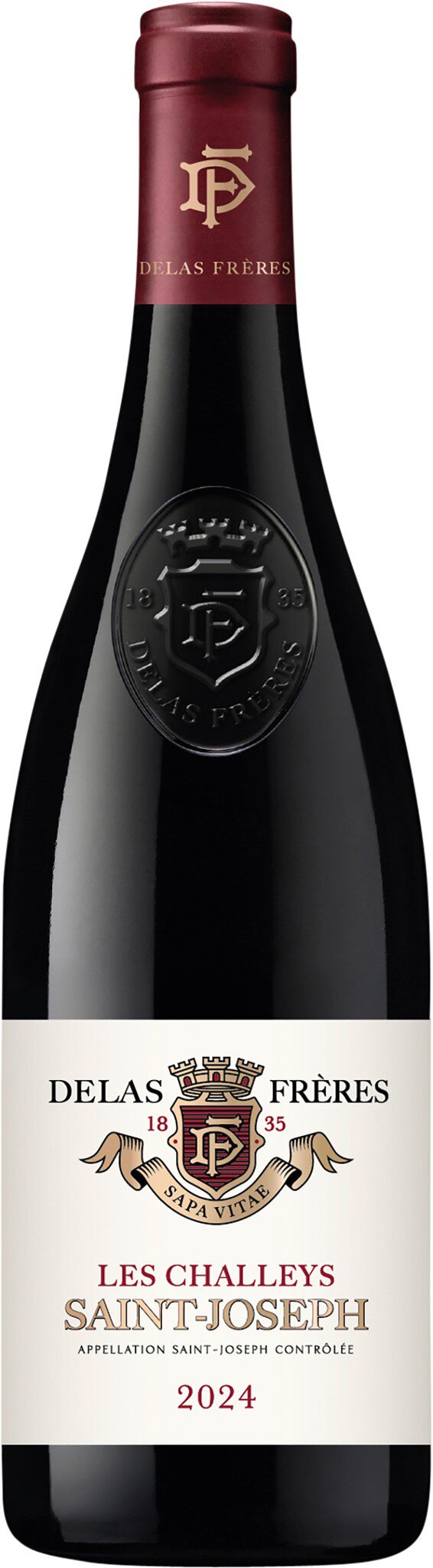 Eine Flasche Rotwein mit einem dunklen, eleganten Etikett. Der Korken ist rot und die Flasche hat eine ausgeprägte Form. Das Etikett zeigt ein Wappen und beschreibt den Wein.