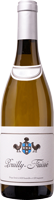Eine Flasche Weißwein steht aufrecht. Sie hat ein elegantes Etikett mit einem Wappen und dem Namen des Weins. Der Hintergrund ist neutral, was den Fokus auf die Flasche lenkt.