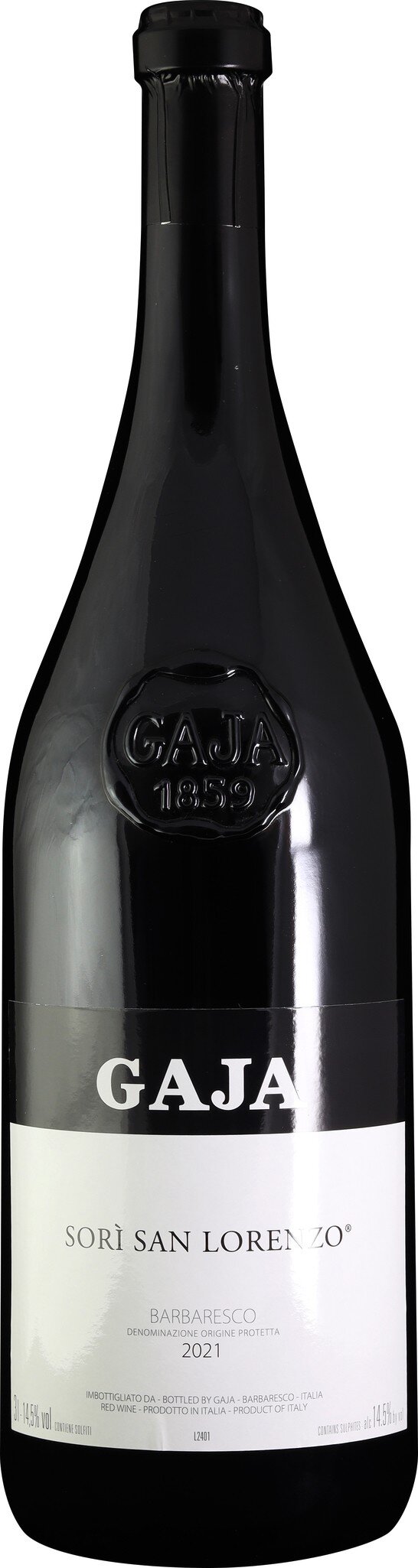Eine elegante, schwarze Flasche Wein mit einem schlicht weißen Etikett. Der Flaschenhals ist hoch und die Form ist klassisch. Der Hintergrund ist neutral und hebt die Flasche hervor.