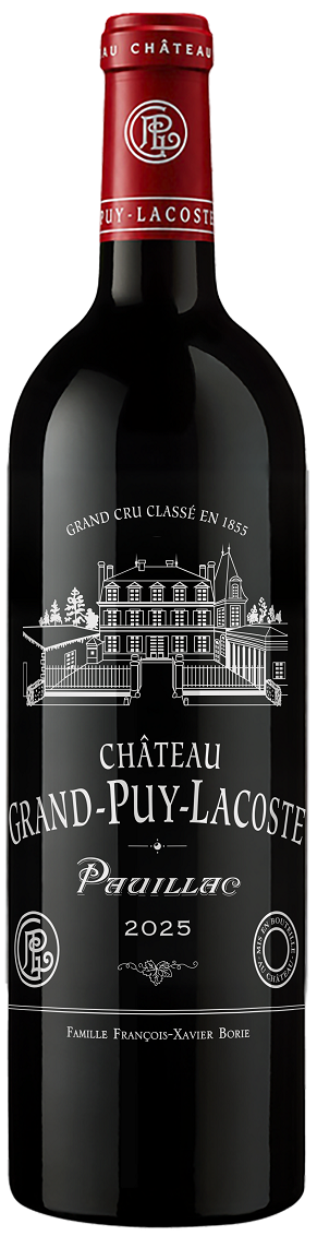 Eine Weinflasche mit schwarzer und roter Etikettierung. Auf dem Etikett sind der Name -Château Grand-Puy-Lacoste-, -Pauillac- und das Jahr -2025- abgebildet, zusammen mit der Abbildung eines Herrenhauses.