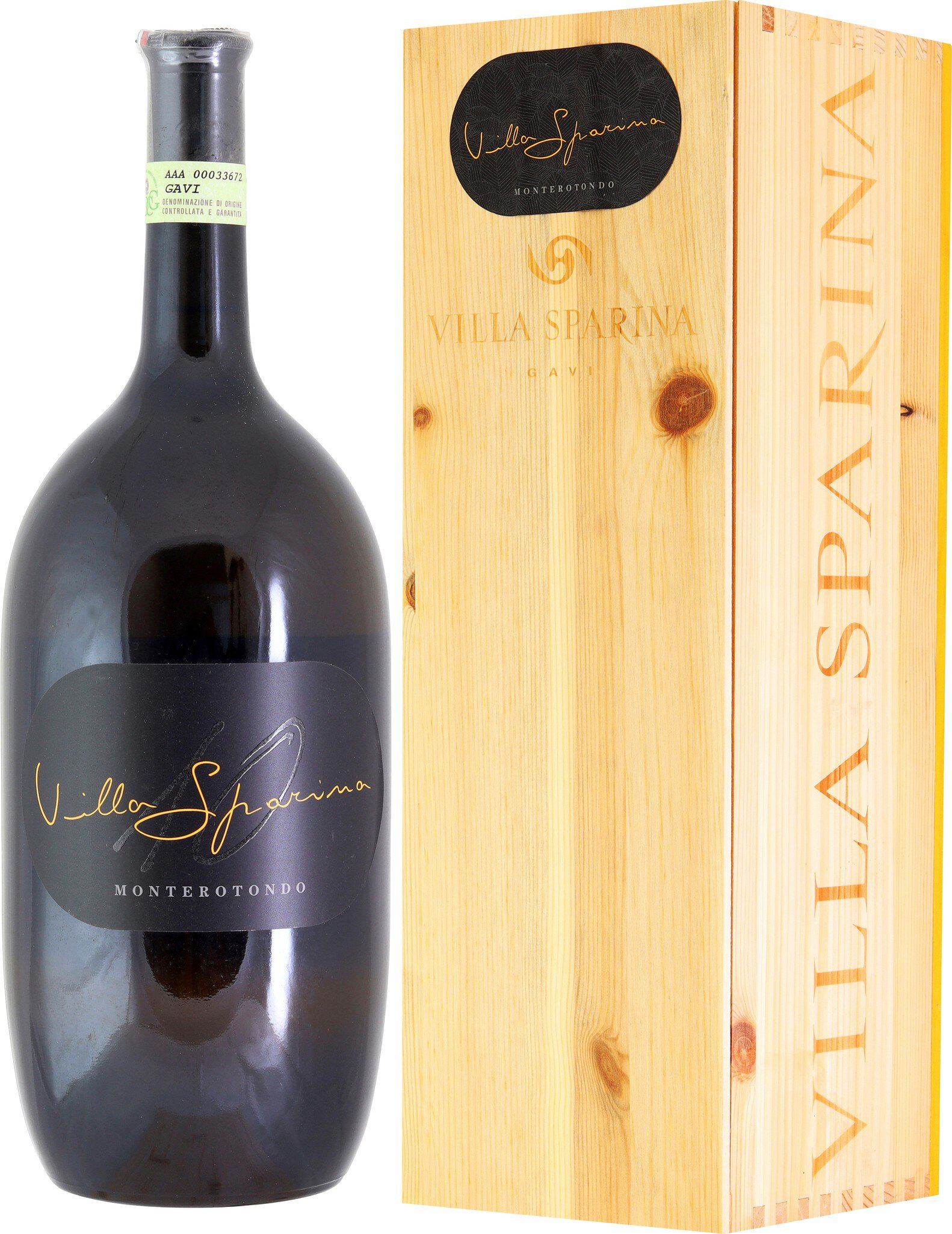 Eine große Flasche Sekt steht neben einer eleganten Holzkiste mit der Aufschrift -VILLA SPARINA-. Die Präsentation vermittelt einen luxuriösen und stilvollen Eindruck.