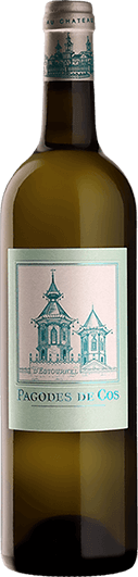 Eine Flasche Weißwein mit einem eleganten Etikett. Das Etikett zeigt eine künstlerische Darstellung von Pagoden in einem blauen und rosa Farbschema. Der Hintergrund ist schlicht und hell.