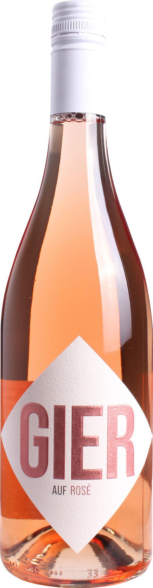 Eine Flasche Roséwein mit einem hellrosa Inhalt. Das Etikett zeigt das Wort -GIER- in großen, glänzenden Buchstaben an einem weißen Hintergrund. Der Verschluss ist weiß.