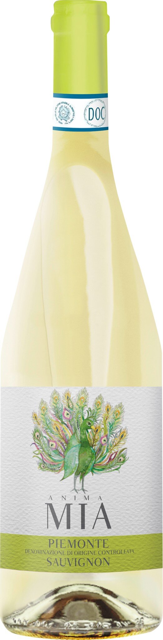 Eine elegante Flasche Weißwein mit grünem Etikett und gelbem Deckel. Der Wein steht auf einem neutralen Untergrund, während das Etikett einen pflanzlichen Druck zeigt.