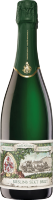 Eine grüne Flasche mit einem schmalen Hals und einem dekorativen Etikett, die mit Sekt oder Champagner gefüllt ist. Der Hintergrund ist unscharf und einfarbig.