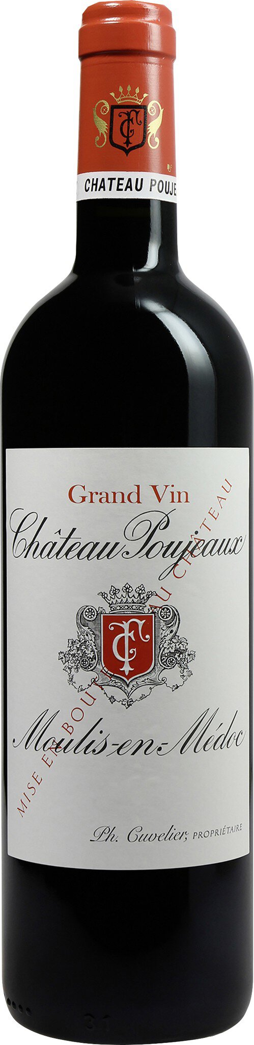 Eine Weinflasche mit rotem Etikett und orangefarbenem Kapselverschluss steht aufrecht. Das Etikett zeigt den Namen -Andreas Agnès- in stilvoller Schrift und ein Wappen.