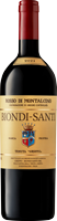 Eine Flasche Rotwein mit rotem Korken und einem Etikett in Gold- und Schwarztönen. Das Etikett zeigt den Namen -BIONDI-SANTI,- die Sorte -ROSSO DI MONTALCINO- und das Jahr -2021.-