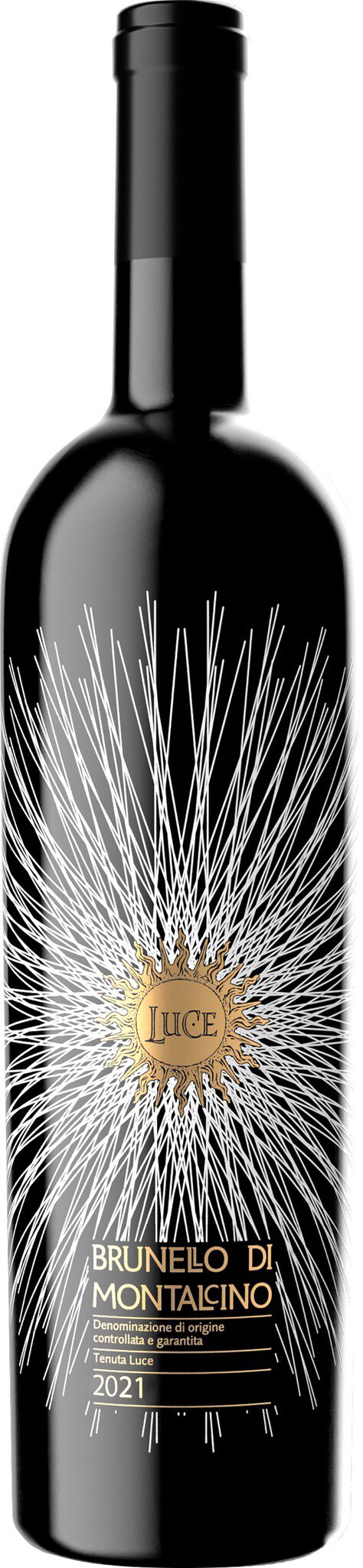 Eine schwarze Weinflasche mit einem glänzenden, sternförmigen Design. Der Verschluss ist lang und schmal, während das Etikett eine goldene Schrift enthält.