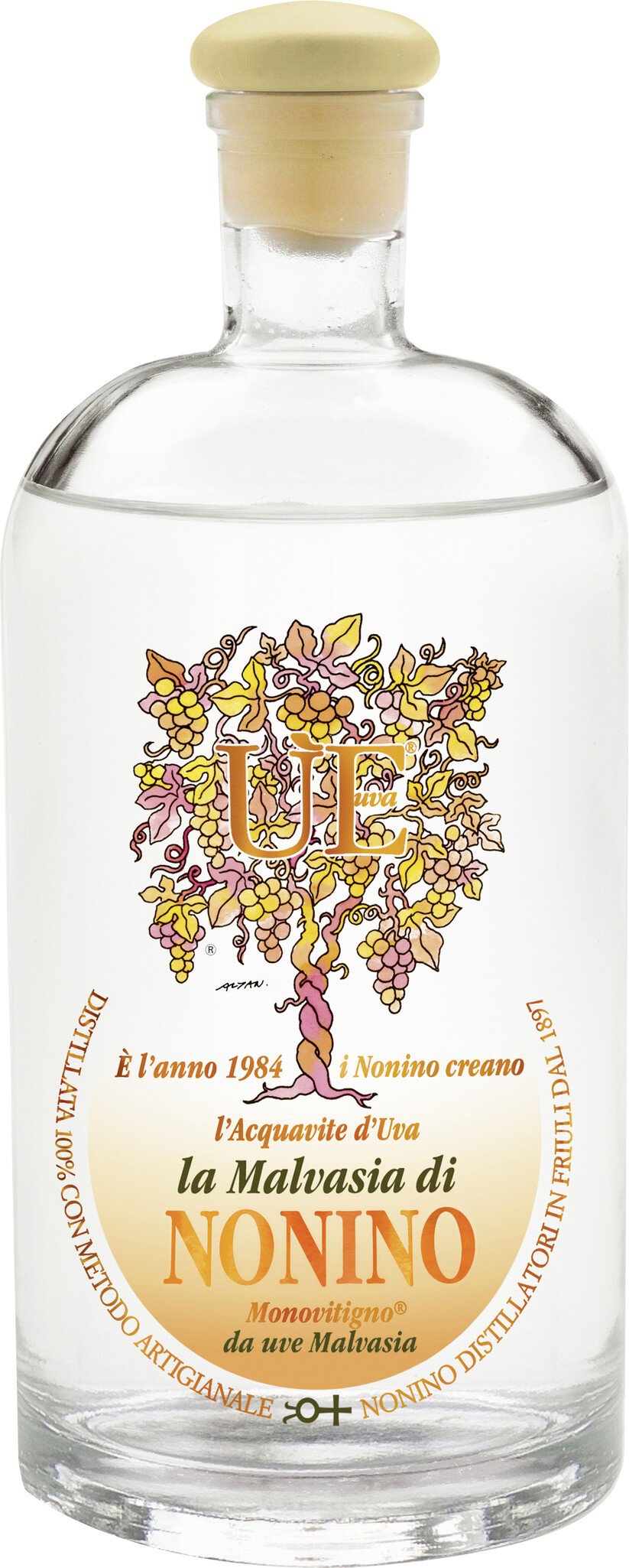 Ein klarer Flasche mit einem Holzverschluss, auf dem Etikett ein stilisierter Baum und der Schriftzug -Il Mattino di Montalto- sowie -Grappa-. Die Flasche vermittelt einen eleganten Eindruck.