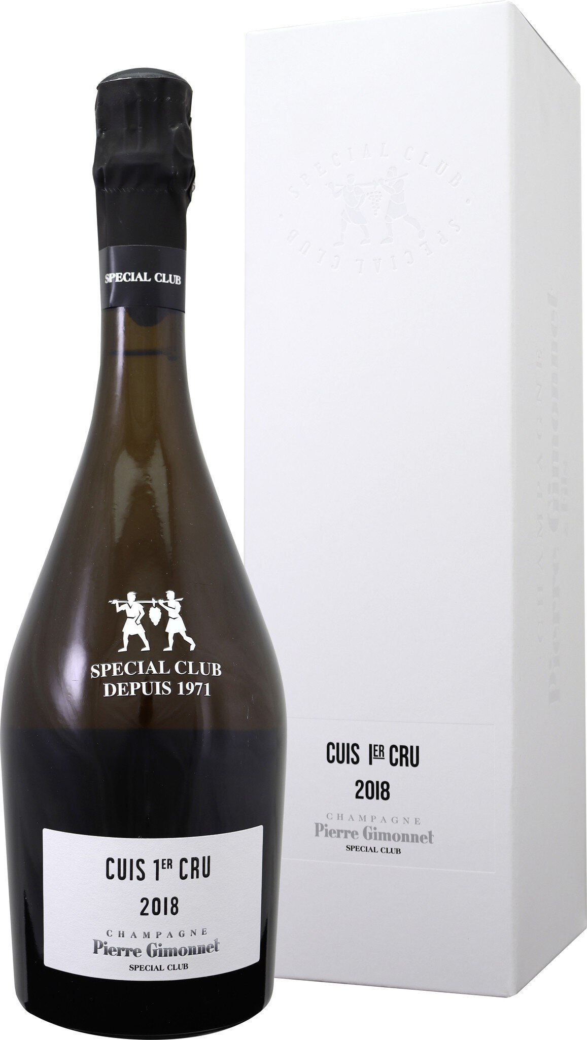 Eine Flasche Champagner steht vor einer weißen Verpackung. Die Flasche ist aus dunklem Glas, mit einem Etikett, das -CUIS 1ER CRU 2018- von -Pierre Gimonnet- zeigt, und ist in der Kategorie -Special Club-.