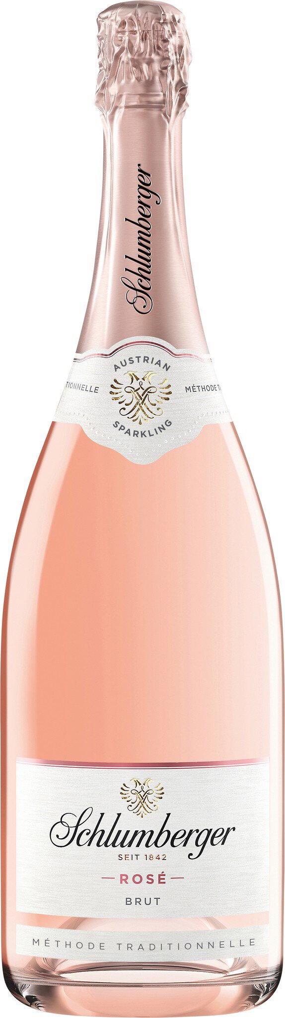 Eine Flasche Rosé-Sekt steht aufrecht. Sie hat eine schlanke, elegante Form mit einem Korken oben. Die Flasche ist klar und zeigt eine zarte rosafarbene Flüssigkeit.