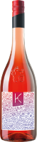 Eine Flasche Roséwein mit rotem Schraubverschluss. Das Etikett zeigt eine kreative, bunte Grafik mit verschiedenen Getränken und Weinmotiven sowie dem Schriftzug -K Rosé-.