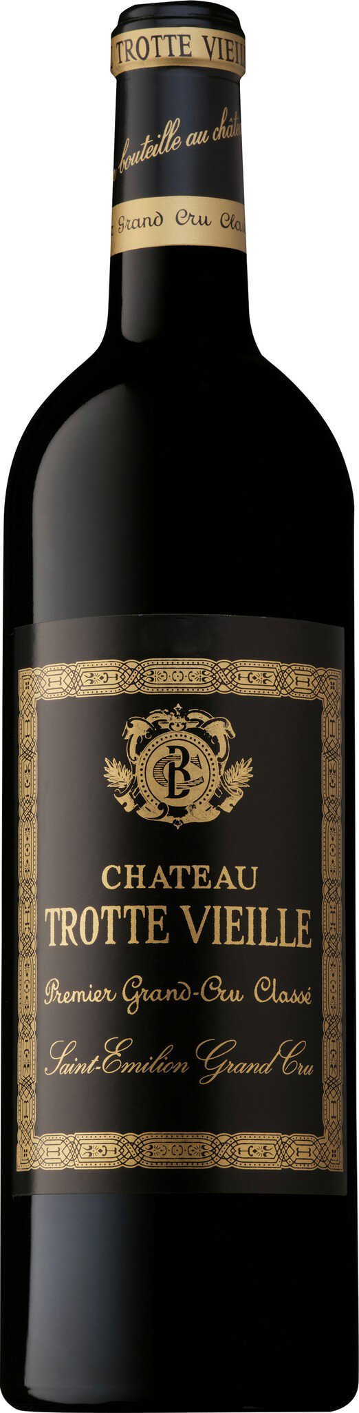 Eine elegante, schwarze Weinflasche mit goldener Schrift und einem stilisierten Wappen. Sie steht auf einem neutralen Hintergrund, der den Fokus auf die Flasche lenkt.