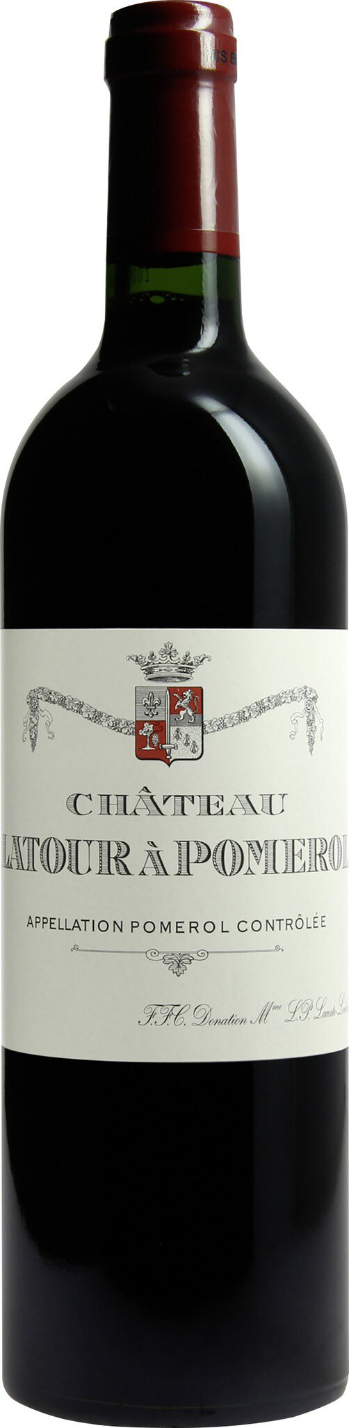 Eine Weinflasche mit einem schwarzen Inhalt und einem rotbraunen Korken. Das Etikett ist weiß mit schwarzer Schrift und einem Wappen. Die Flasche steht auf einem neutralen Hintergrund.