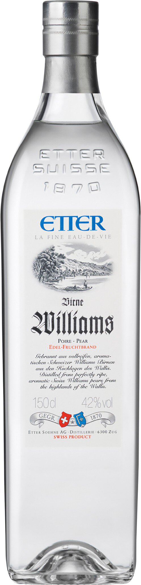 Eine elegante Flasche klaren Wodkas steht auf einem neutralen Hintergrund. Die Flasche hat einen schlichten, modernen Look mit einem metallischen Verschluss und etlichen Aufdrucken, die die Marke und Qualität betonen.