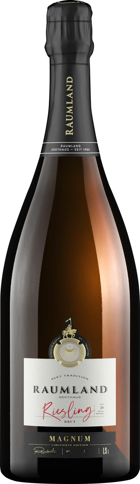 Ein eleganter Sekt in einer schlanken, dunklen Flasche mit einem festlichen Etikett. Der Sekt reflektiert Licht und vermittelt eine luxuriöse Atmosphäre, ideal für feierliche Anlässe.